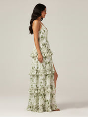 Green Floral Tiered Ruffle Maxi Dress with High Slit