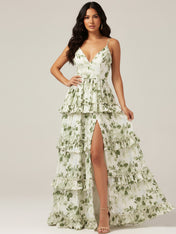 Green Floral Tiered Ruffle Maxi Dress with High Slit