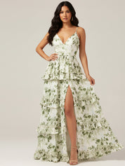 Green Floral Tiered Ruffle Maxi Dress with High Slit