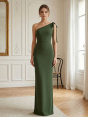 Green Formal Evening Dress Sheath One Shoulder Sleeveless Maxi Dress Gown