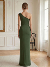 Green Formal Evening Dress Sheath One Shoulder Sleeveless Maxi Dress Gown