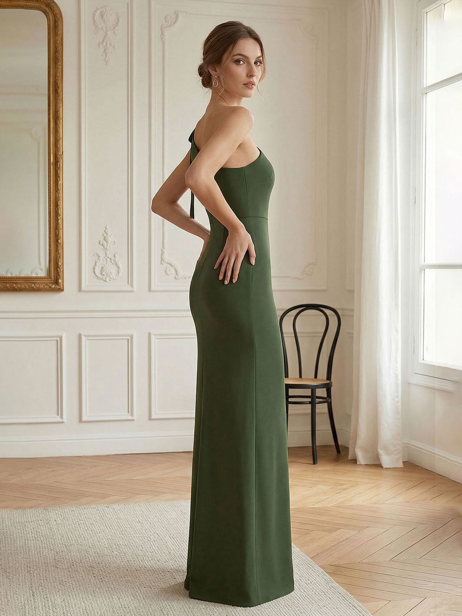 Green Formal Evening Dress Sheath One Shoulder Sleeveless Maxi Dress Gown