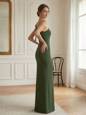 Green Formal Evening Dress Sheath One Shoulder Sleeveless Maxi Dress Gown