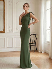 Green Formal Evening Dress Sheath One Shoulder Sleeveless Maxi Dress Gown