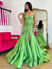 Green Mermaid Satin Sequin Beaded Long Prom Dresses with Slit