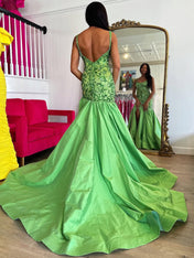 Green Mermaid Satin Sequin Beaded Long Prom Dresses with Slit