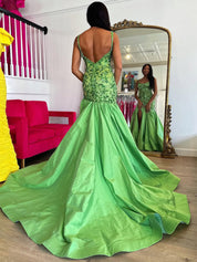 Green Mermaid Satin Sequin Beaded Long Prom Dresses with Slit