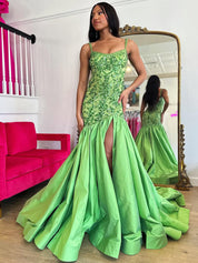 Green Mermaid Satin Sequin Beaded Long Prom Dresses with Slit