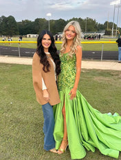 Green Mermaid Satin Sequin Beaded Long Prom Dress with Slit