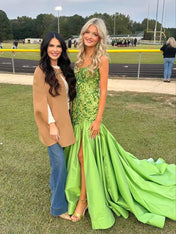 Green Mermaid Satin Sequin Beaded Long Prom Dress with Slit