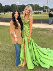 Green Mermaid Satin Sequin Beaded Long Prom Dress with Slit