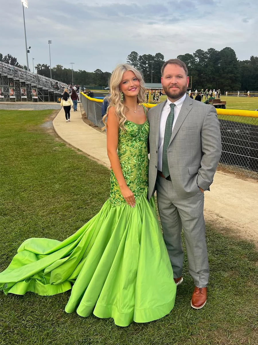 Green Mermaid Satin Sequin Beaded Long Prom Dress with Slit