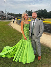 Green Mermaid Satin Sequin Beaded Long Prom Dress with Slit