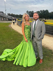 Green Mermaid Satin Sequin Beaded Long Prom Dress with Slit