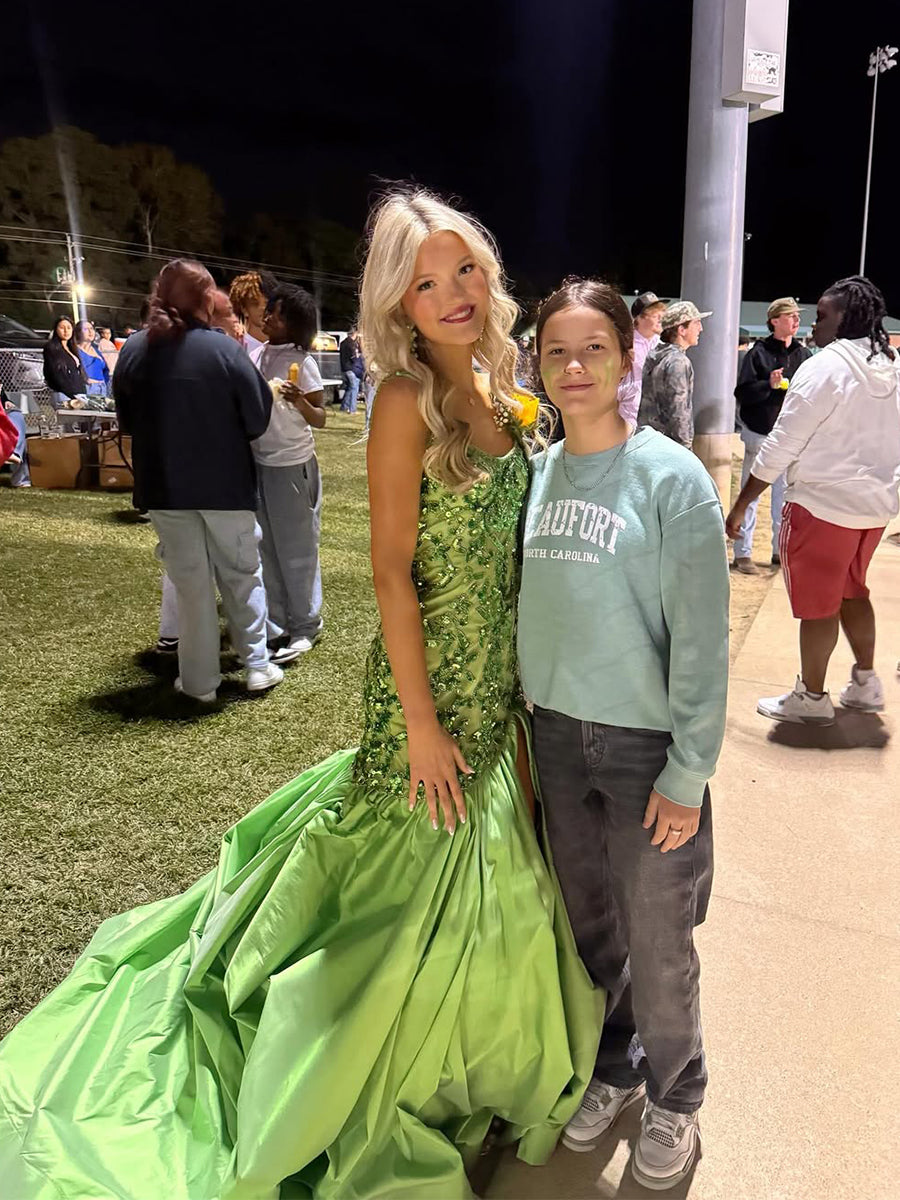 Green Mermaid Satin Sequin Beaded Long Prom Dress with Slit