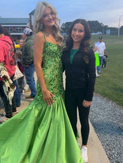 Green Mermaid Satin Sequin Beaded Long Prom Dress with Slit