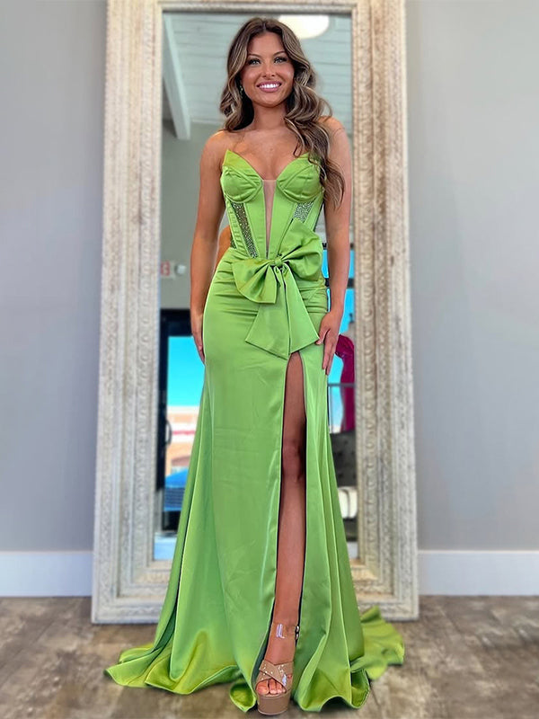Green Mermaid Strapless Beaded Top Bowknot Long Prom Dress with Slit