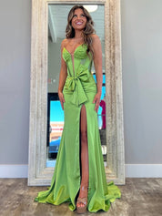 Green Mermaid Strapless Beaded Top Bowknot Long Prom Dress with Slit