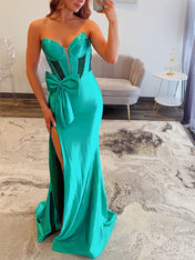 Green Mermaid Strapless Sweetheart Long Prom Dress with Slit