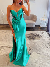 Green Mermaid Strapless Sweetheart Long Prom Dress with Slit