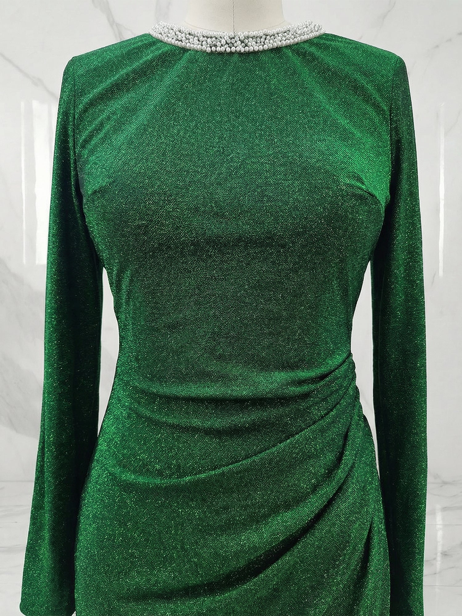 Green Sequin Crew Neck Long Sleeve Sheath Evening Gown Maxi Dress