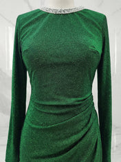 Green Sequin Crew Neck Long Sleeve Sheath Evening Gown Maxi Dress