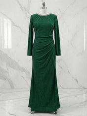 Green Sequin Crew Neck Long Sleeve Sheath Evening Gown Maxi Dress