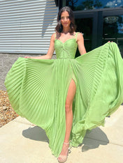 Green Sweetheart Spaghetti Straps Pleated A-Line Prom Dress with High Slit