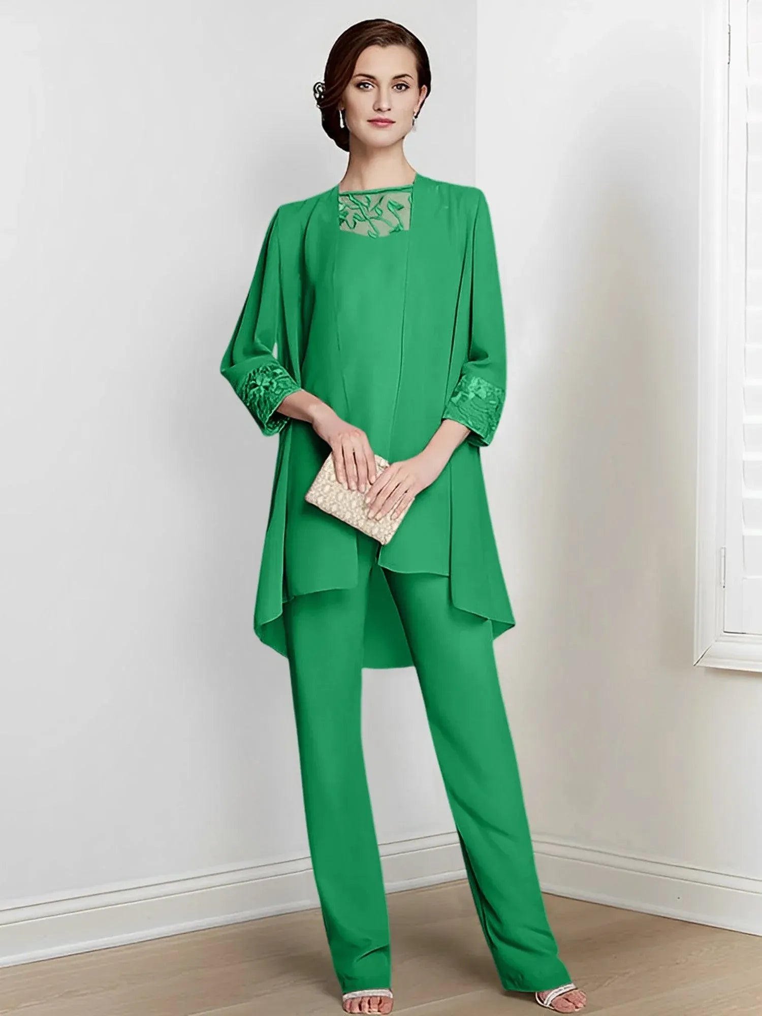 Tailleur-pantalon en mousseline à manches longues pour mère de la mariée avec veste 