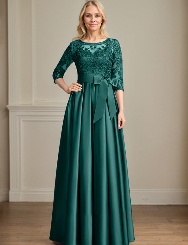 A-line Scoop Illusion Floor-Length Satin Lace Mother of the Bride Dress With Sequins Bow