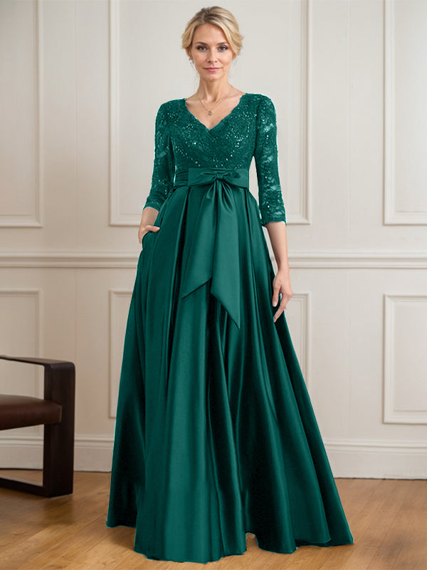 A-line V-Neck Floor-Length Satin Lace Mother of the Bride Dress With Sequins Bow