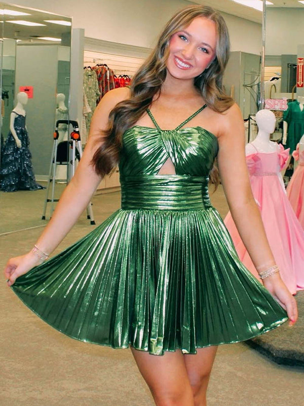 Green A-Line Halter Neck Short Metallic Homecoming Dress with Pleating