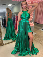 Green A-Line Halter Pleated Satin Long Prom Dress with Slit