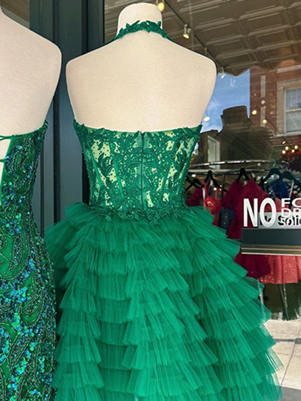 Green A-Line Halter Short Tulle Homecoming Dress With Appliques