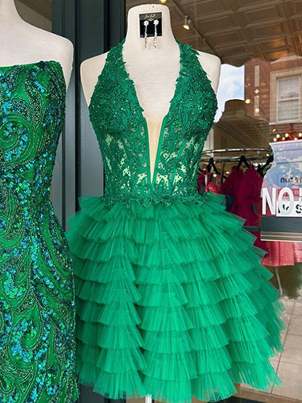 Green A-Line Halter Short Tulle Homecoming Dress With Appliques