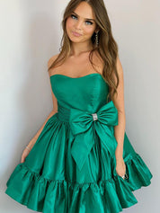 Green A-Line Strapless Short Satin Homecoming Dress With Bowknot