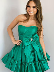 Green A-Line Strapless Short Satin Homecoming Dress With Bowknot