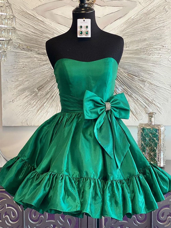 Green A-Line Strapless Short Satin Homecoming Dress With Bowknot