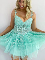 Green A-Line Zipper Back Homecoming Dress With Appliques
