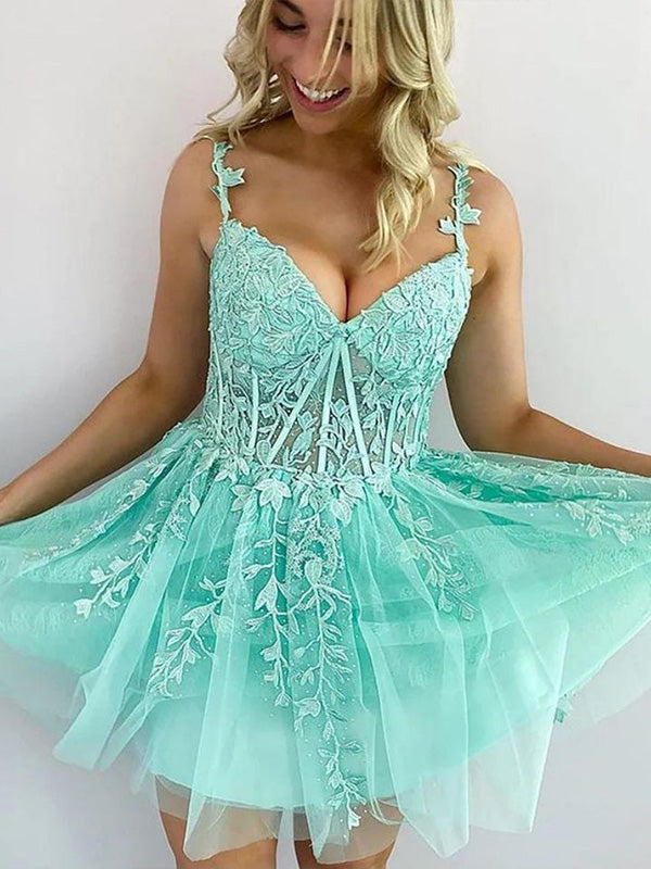 Green A-Line Zipper Back Homecoming Dress With Appliques