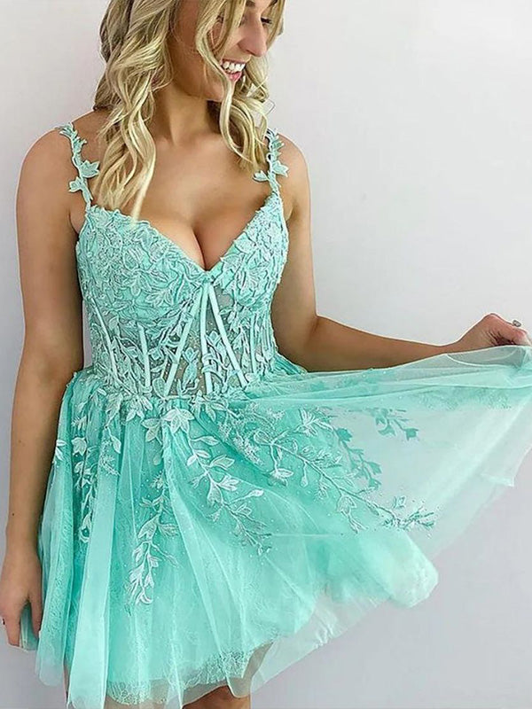 Green A-Line Zipper Back Homecoming Dress With Appliques