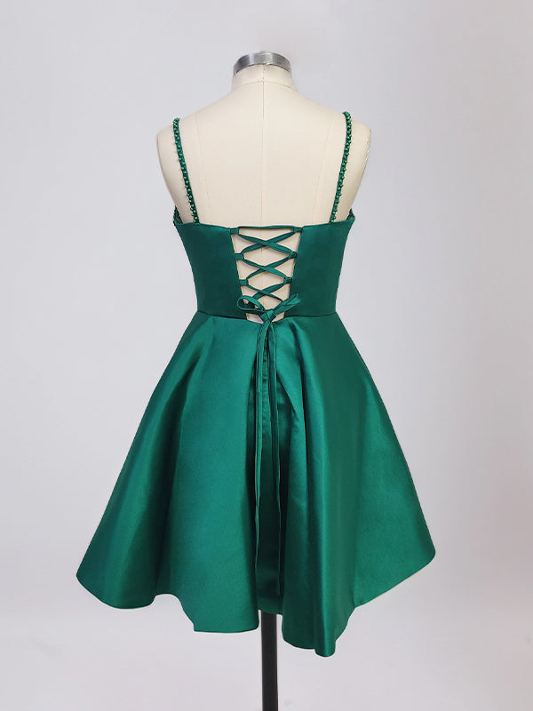 Green A Line Spaghetti Straps Satin Short Homecoming Dress