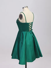 Green A Line Spaghetti Straps Satin Short Homecoming Dress