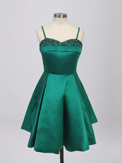 Green A Line Spaghetti Straps Satin Short Homecoming Dress