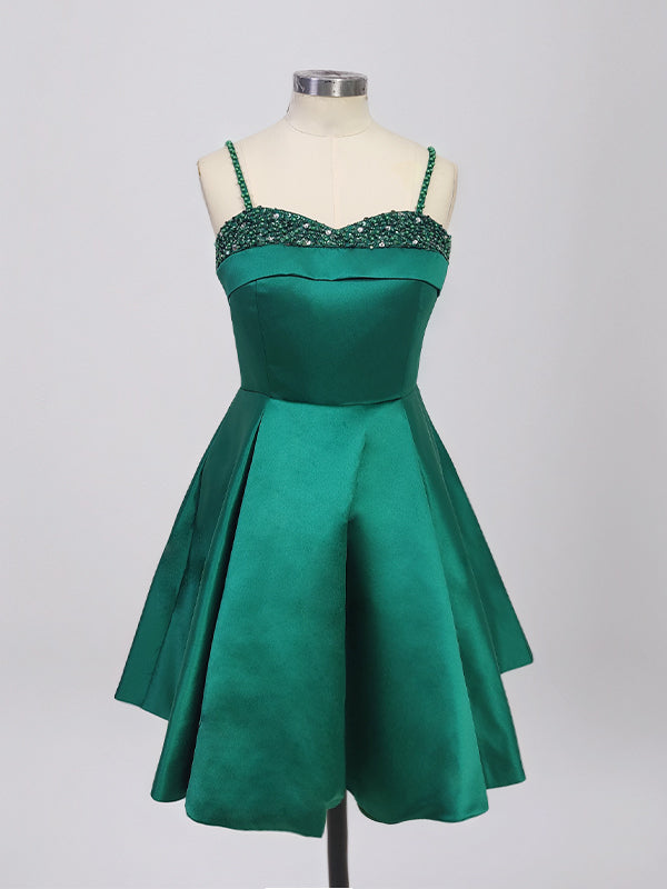 Green A Line Spaghetti Straps Satin Short Homecoming Dress