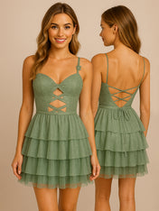 Green A Line Sweetheart Tiered Satin Homecoming Dress with Keyhole