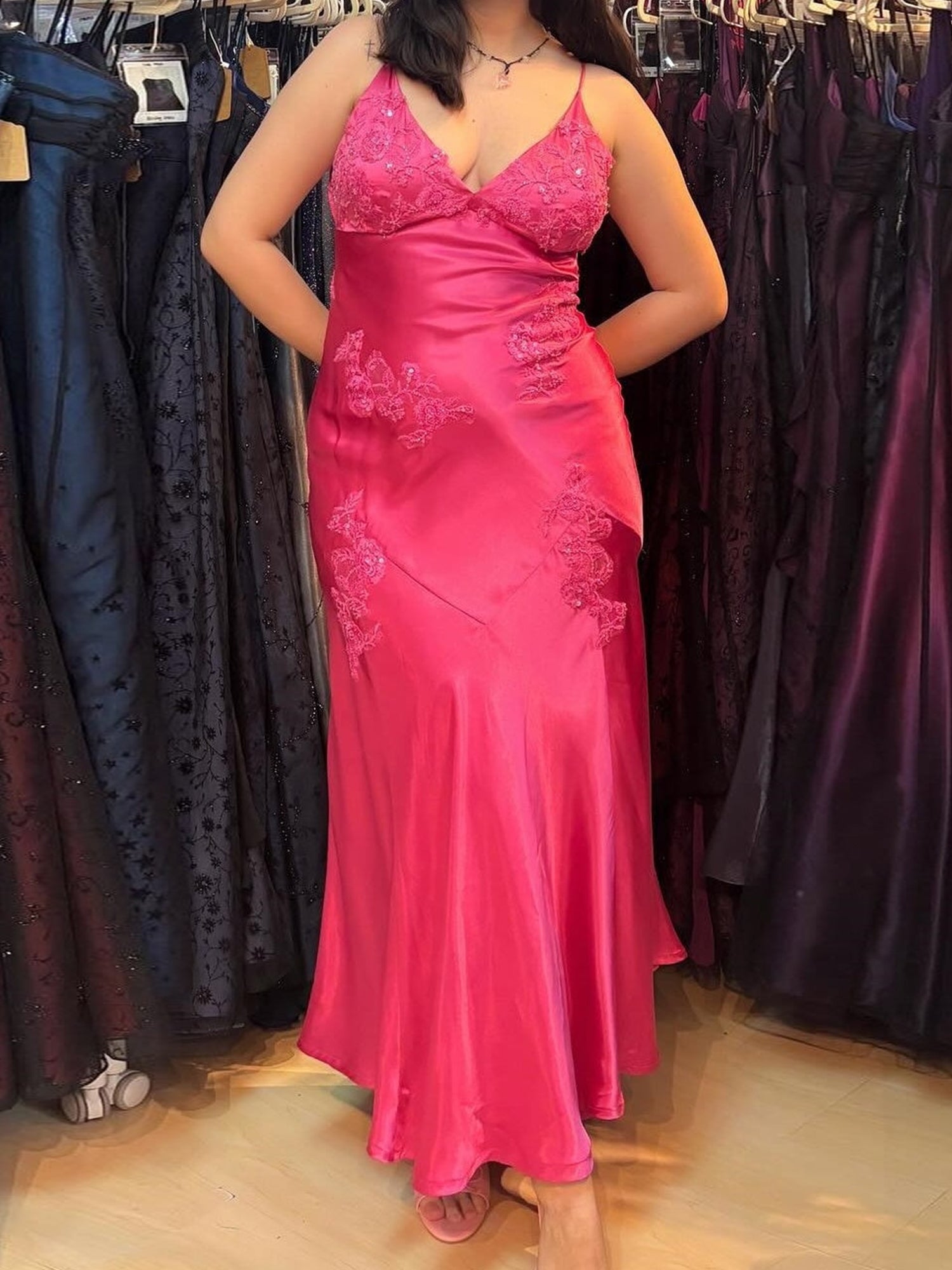 Green Appliques Soft Satin Long Prom Party Dress
