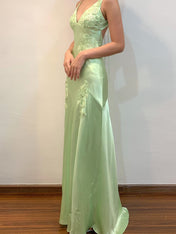 Green Appliques Soft Satin Long Prom Party Dress