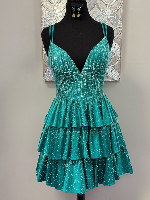 Green Beaded Open Back Ruffle Short Homecoming Dress