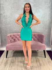 Green Bodycon Halter Satin Short Homecoming Dress with Ruffles